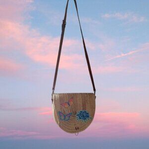 Stunning Boho Wicker Bag with vibrant colorful Butterfly and Flower patches